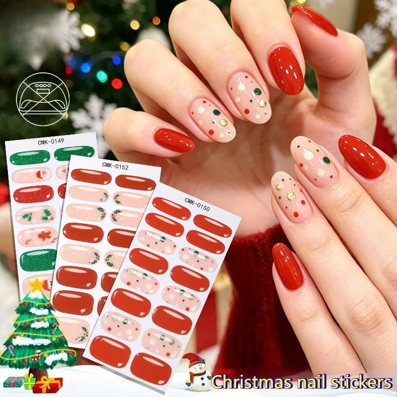16Tips Christmas Semi Cured Gel Nail Strips Sparkly Snowflake Snowman Self-Adhesive Gel Nail Wraps Full Cover UV Nail Sticker