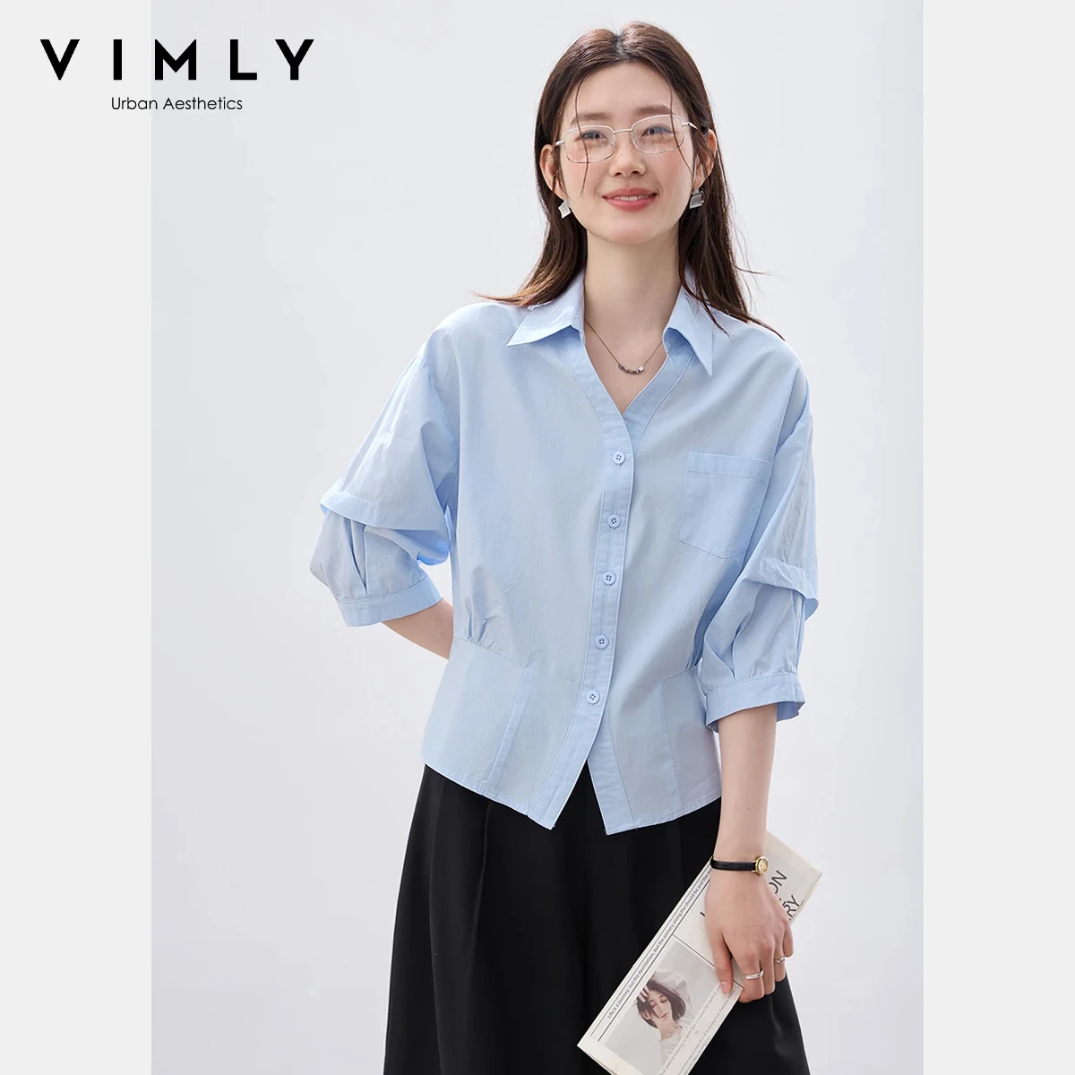 

Женская офисная блузка VIMLY 2026: Новая модная повседневная рубашка с отложным воротником, рукавом 3/4, присборенной талией, минималистичный дизайн, для работы, модель 30855