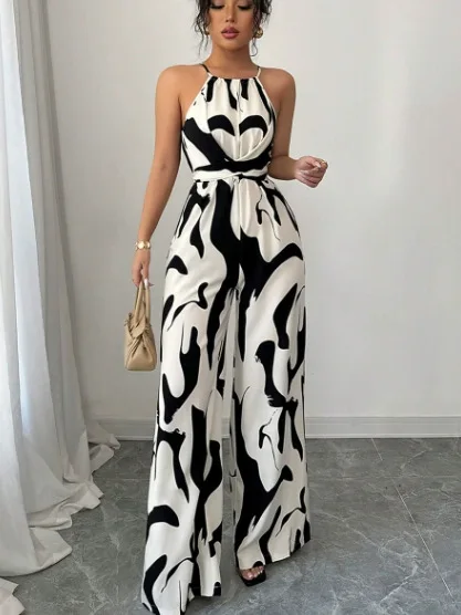 2026 New Women Milk Print Halter Neck Jumpsuit, Tie Back Backless Sling Romper, High Waist Slim Fit Wide Leg One Piece Pants
