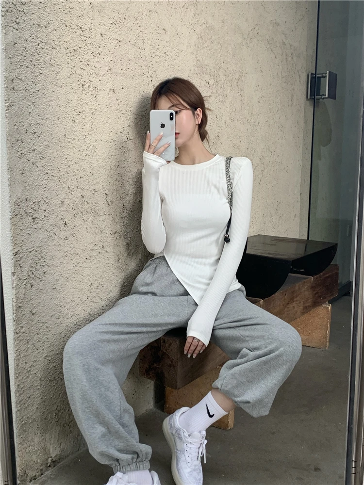 Sweet Asymmetric Short Sleeve Women's T-shirt Ins Trendy Pleated Minimalist Design Long Sleeve Top Fashionable Crew Neck