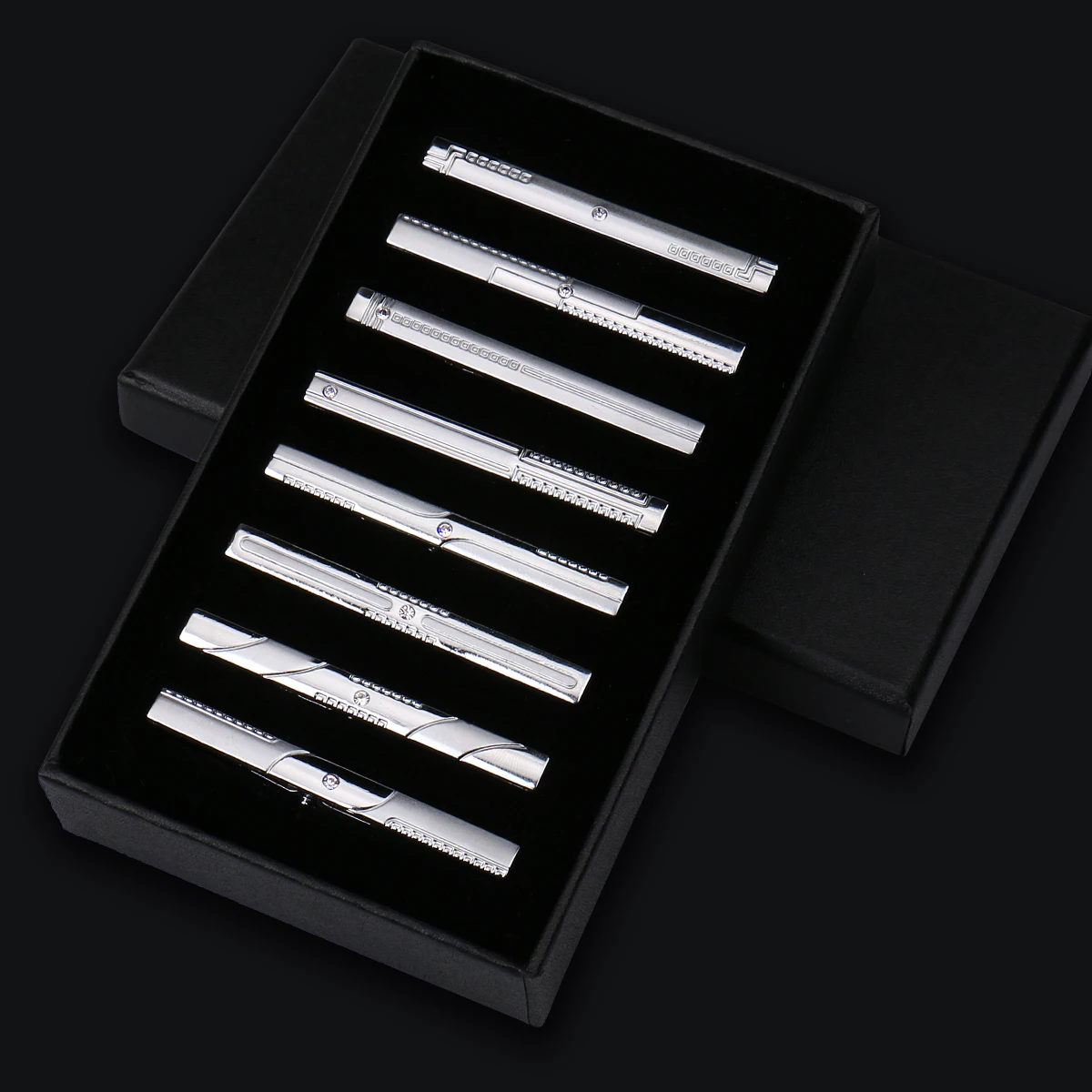8 stuks dasspeldjes metaal diamant met doos voor mannen bruiloft heren stropdas clips set chroom roestvrij staal sieraden gentleman stropdassen pin