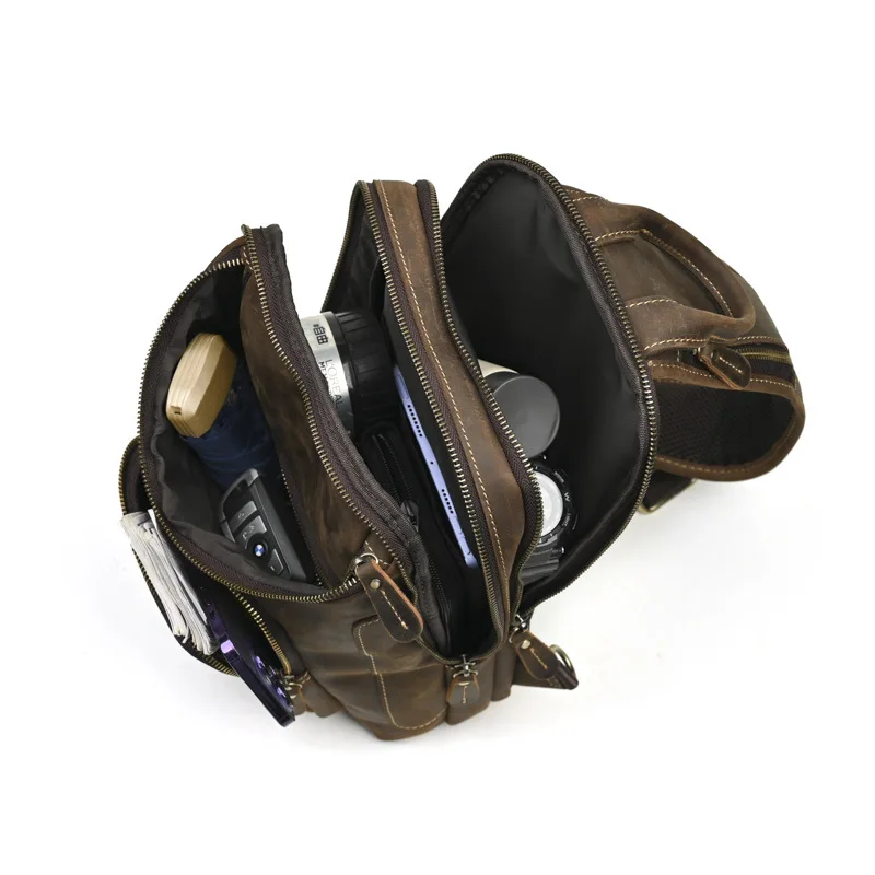 LD-Men's Genuine Leather Crazy Horse Leather Single Shoulder Backpack, Top Layer Cowhide, Large Capacity Crossbody Bag