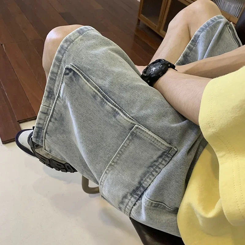 Korean Large Pocket Cargo Denim Shorts Men's Summer Thin Loose Japanese Retro Fashion Brand Casual Washed Five Quarter Pants