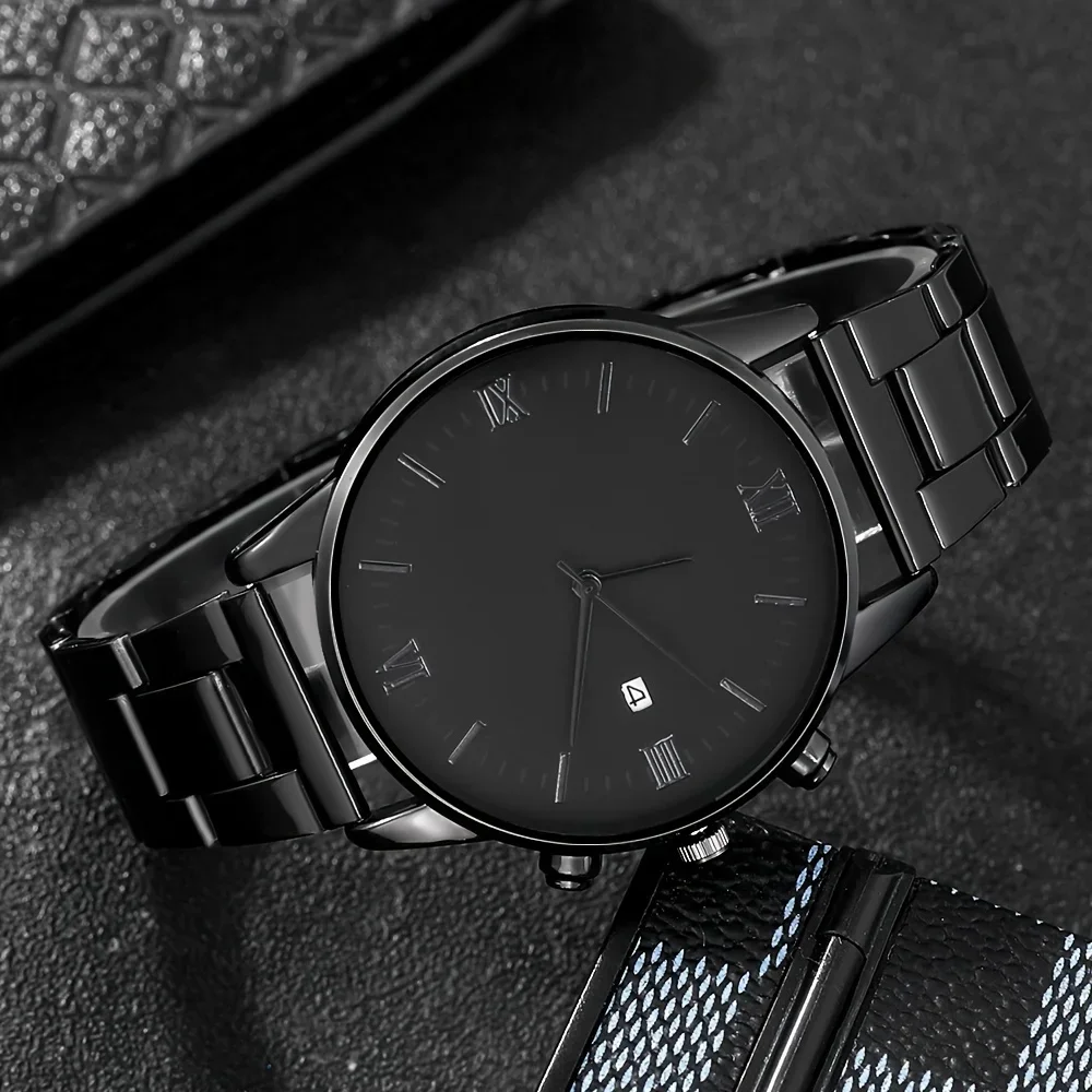 4-piece/set men's black minimalist quartz watch set with bracelet, necklace, and ring - - view 2