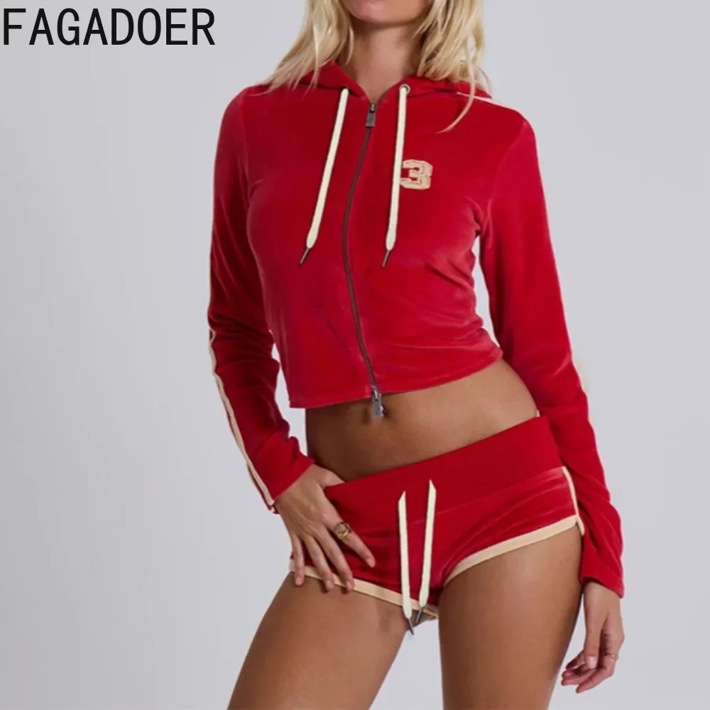 FAGADOER Autumn Velvet 2 Piece Sets Outfit Women Casual Zip Drawstring Hooded Sweatshirt Top + Shorts Suit Joggers Sportswear