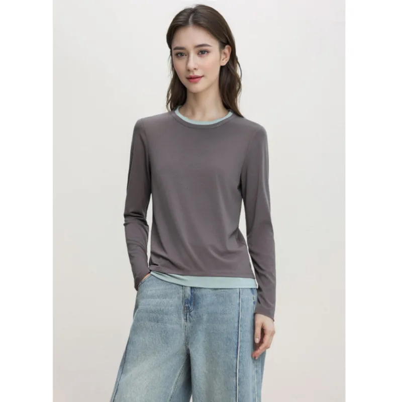 

Autumn Fake Two-Piece T-Shirt Women 6%Silk Long Sleeve Soft Skin-Friendly Baisc Bottoming Tops