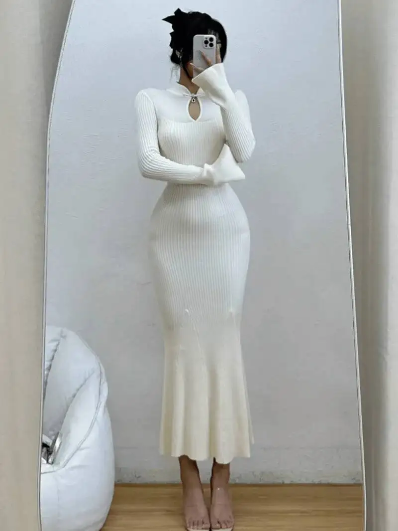 

New Chinese Cheongsam Collar Horn Sleeve Long Dress Elegant Black Knitted Long Sleeve Slim Tail Dress Fashion Women CPN7