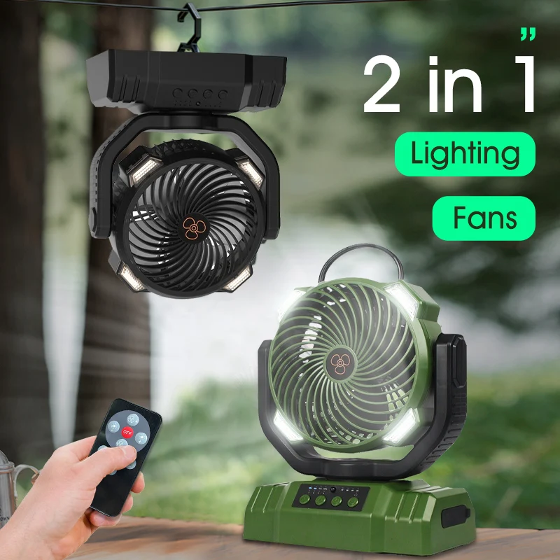 Camping Fan Light Hanging and Standing USB Rechargeable Portable 4 Speed Modern LED Outdoor Hook Wireless Fan Lamp Tent Picnic