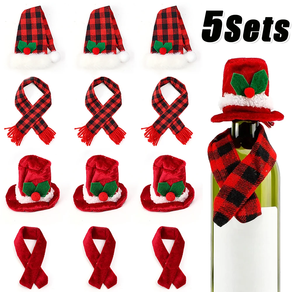 5/1Sets Christmas Wine Bottle Cover Scarf Hat Sets Santa Claus Wine Bottle Decors Xmas New Year Dinner Table Decoration Gifts