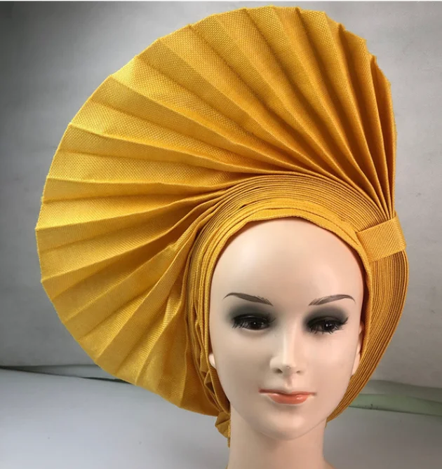 Gold Best Selling Nigerian Gele Headtie Aso Oke Gele Already Made Auto Gele Aso Ebi Headtie African Turban Cap With Colorful