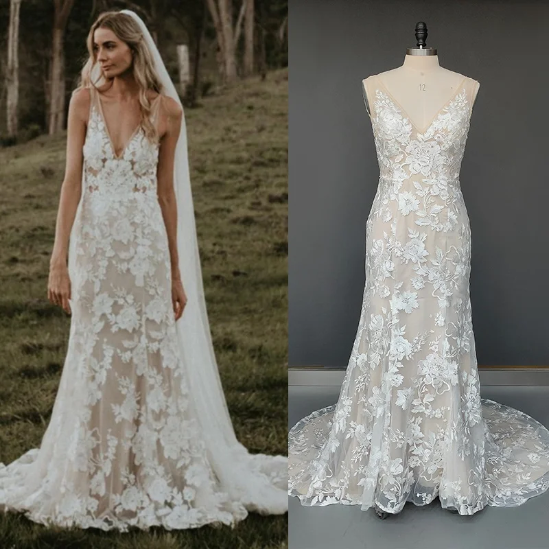 Real Photo V-hals Backless Champagne Kant Bohemian Bridal Bruiloft Trouwjurk Bruidsjurk Goedkope Fabriek Prijs