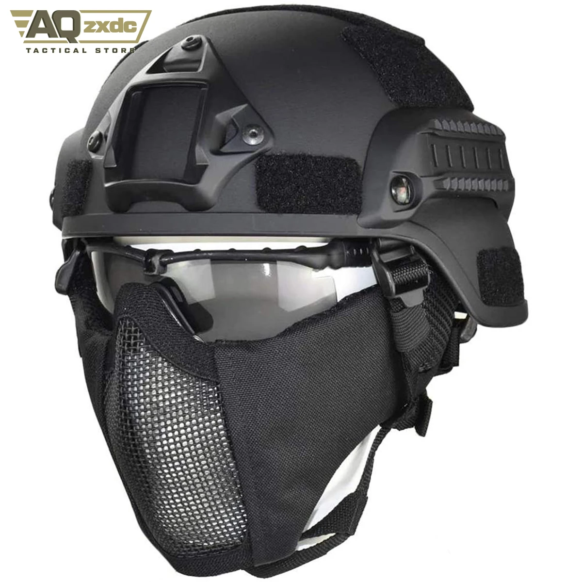 Mich 2000 Style ACH Tactical Helmet with Foldable Ear Protection Dual Straps Half Face Mesh Mask - Goggles for Airsoft Paintball