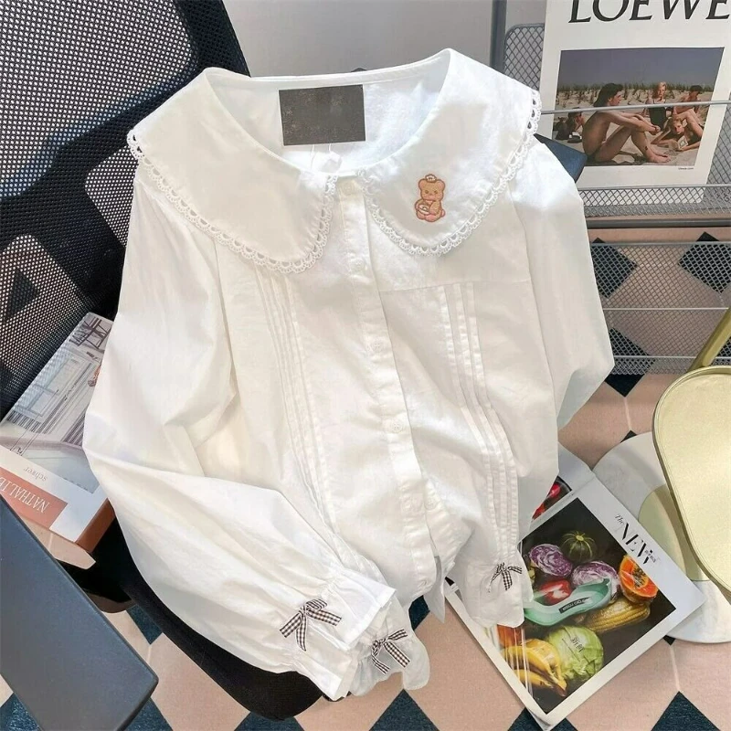 Japaneses Kawaii Lolita Blouses Women Sweet Cartoon Bear Peter Pan Collar Bow Long Sleeve Shirts Harajuku Y2k Tops Blusas Mujer