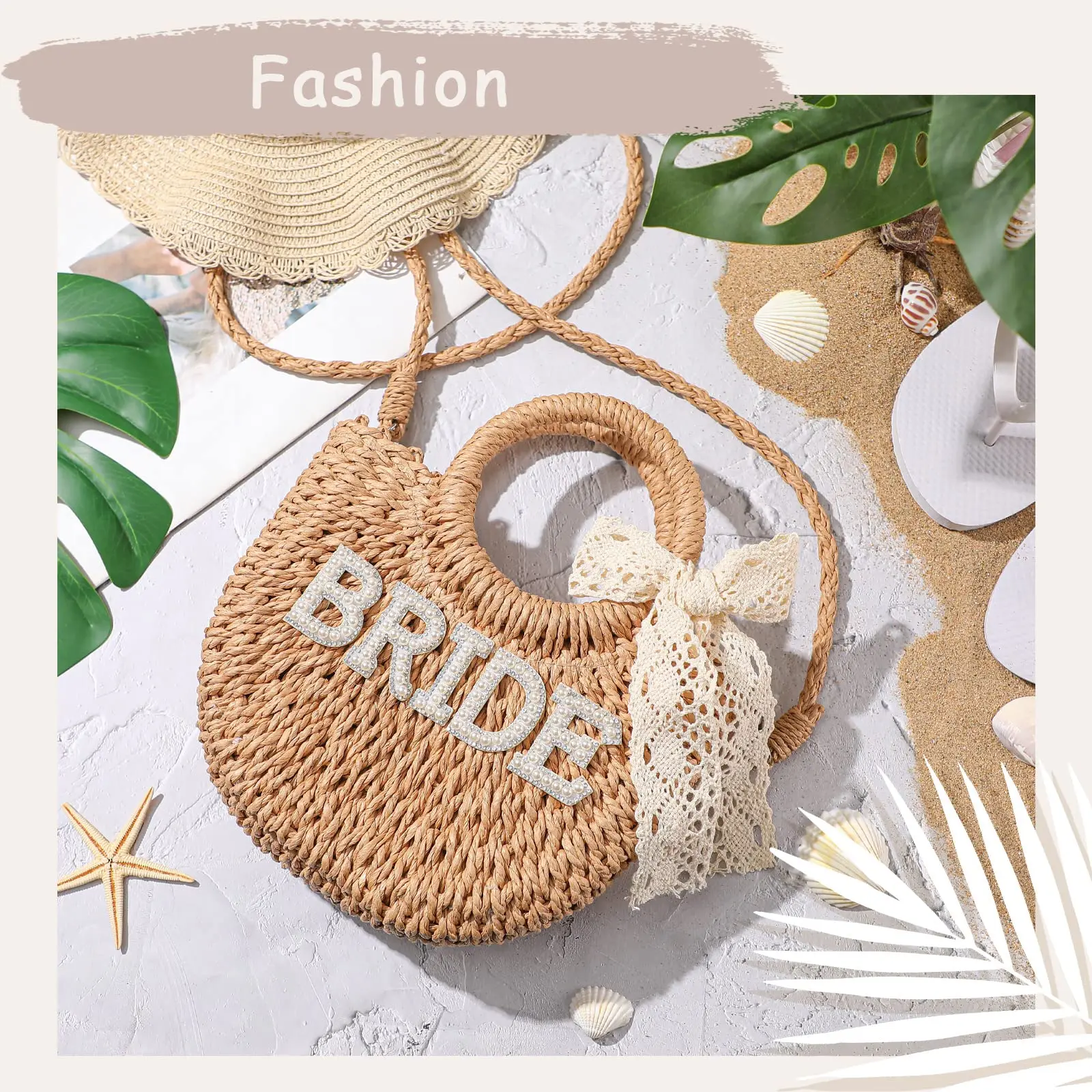 

Bride Straw Purse Handwoven Bag Rhinestone Letter Patches Bag Bachelorette Party Honeymoon Wedding Bridal Shower Gift