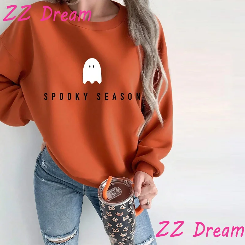 

Halloween Sweatshirt For Woman Spooky Season Ghost Printed O-Neck Full Sleeve Ropped Fleece Pullover Blouse 2025 Autumn Lady Top