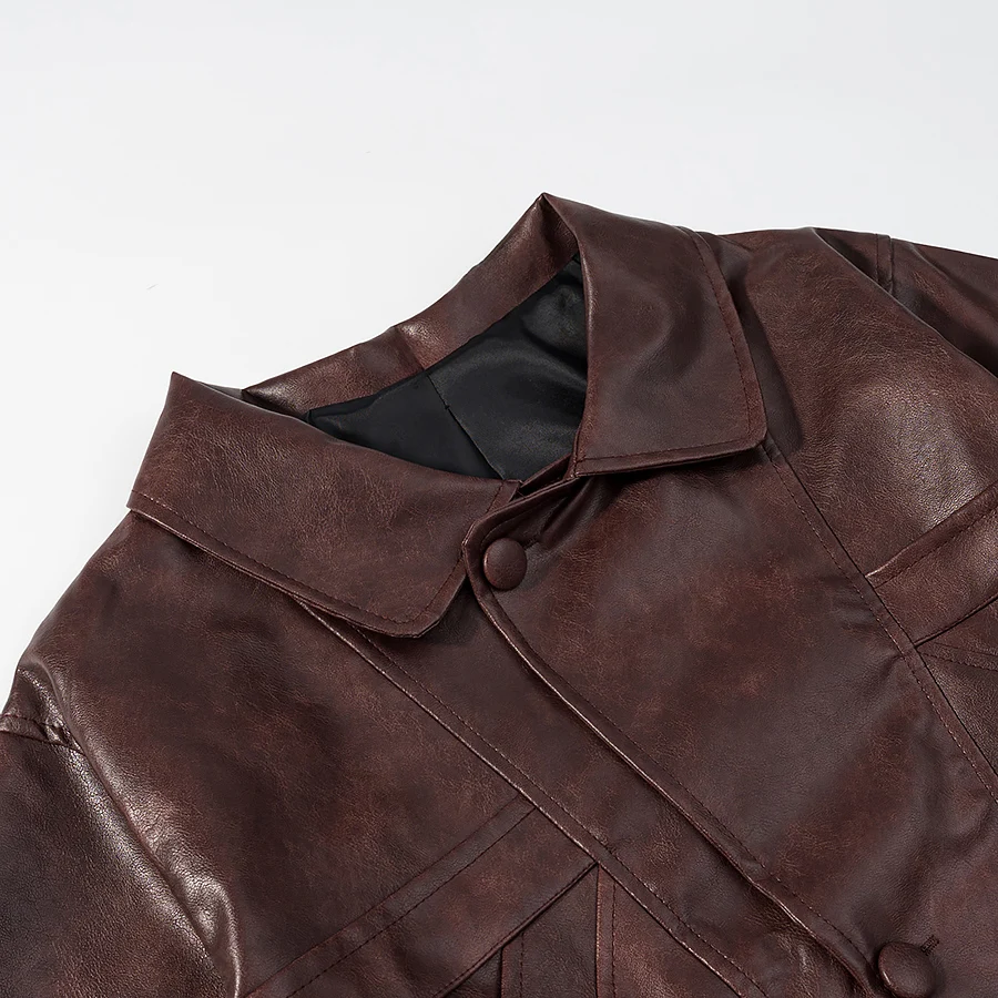 2025 الخريف الأمريكية الرجعية المرأة غسل البني بولي Leather سترة جلدية التلبيب 3 أزرار كم كامل معطف فضفاض قصير ملابس خارجية