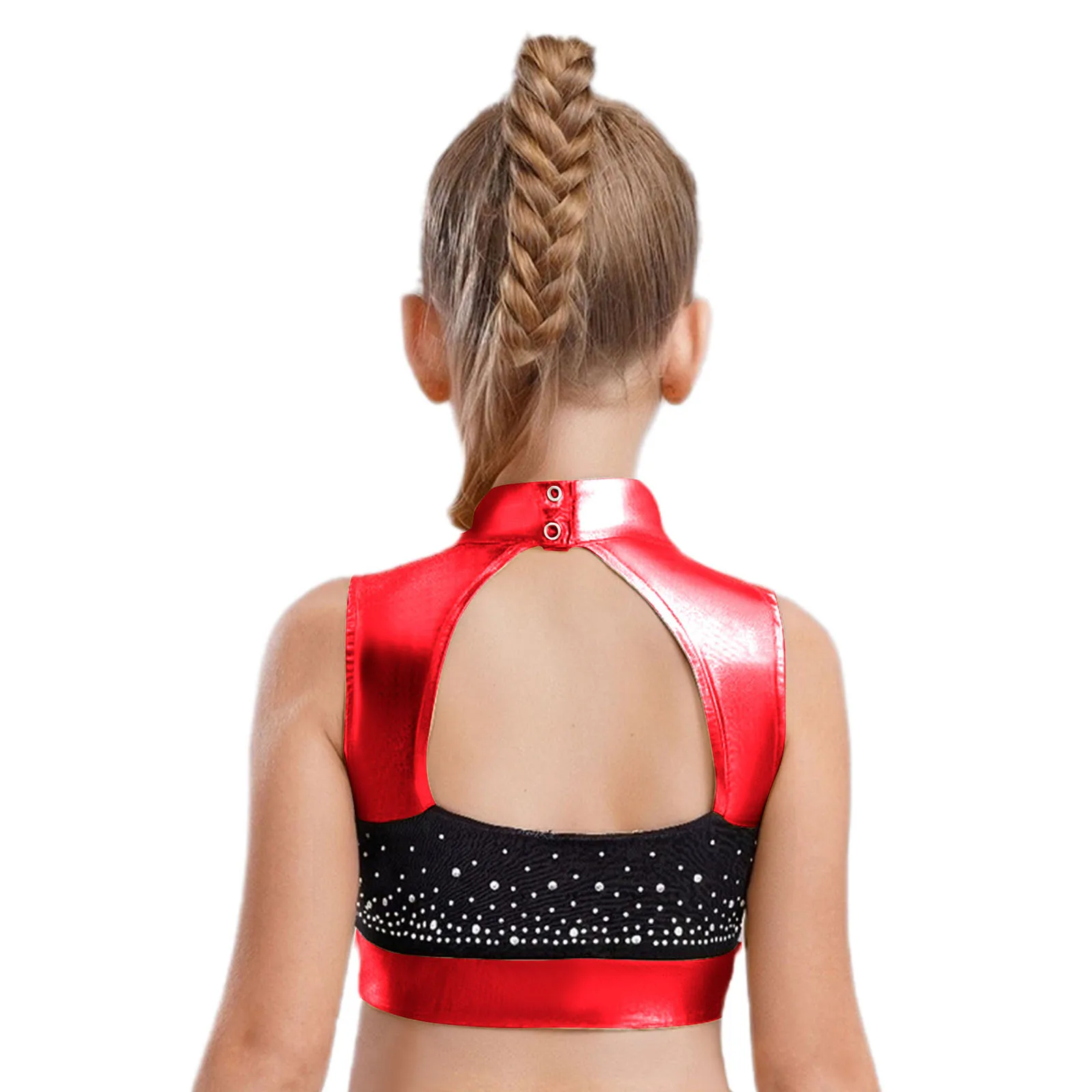 Tops cortos de Ballet y danza con cuello simulado para niñas, disfraz de actuación, Tops de gimnasia sin mangas con recortes en la espalda, bloque de Color con diamantes de imitación