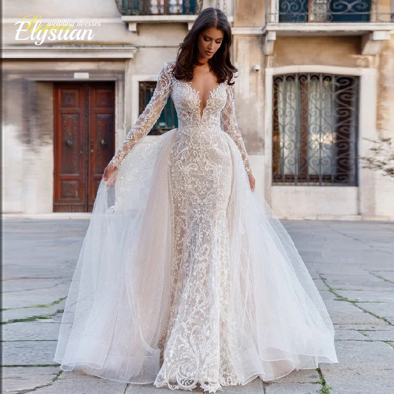 Maßgeschneidertes Brautkleid Meerjungfrau Abnehmbares 2-in-1-Hochzeitskleid Spitze O-Ausschnitt Fullsleeve Vestido De Novia
