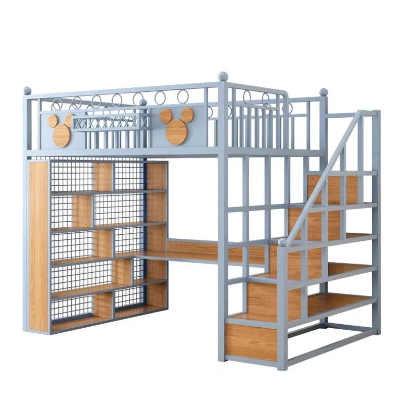 Wrought Iron Elevated Bed Sheet Upper Layer Children's Loft Bed Duplex Second Floor Bed with Ladder Fence Under Table