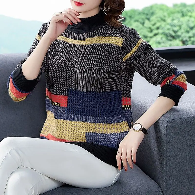 Vintage Patchwork Knitted Sweaters Autumn Winter Casual Half High Collar Women\'s Clothing Fashion Jacquard Weave Loose Jumpers