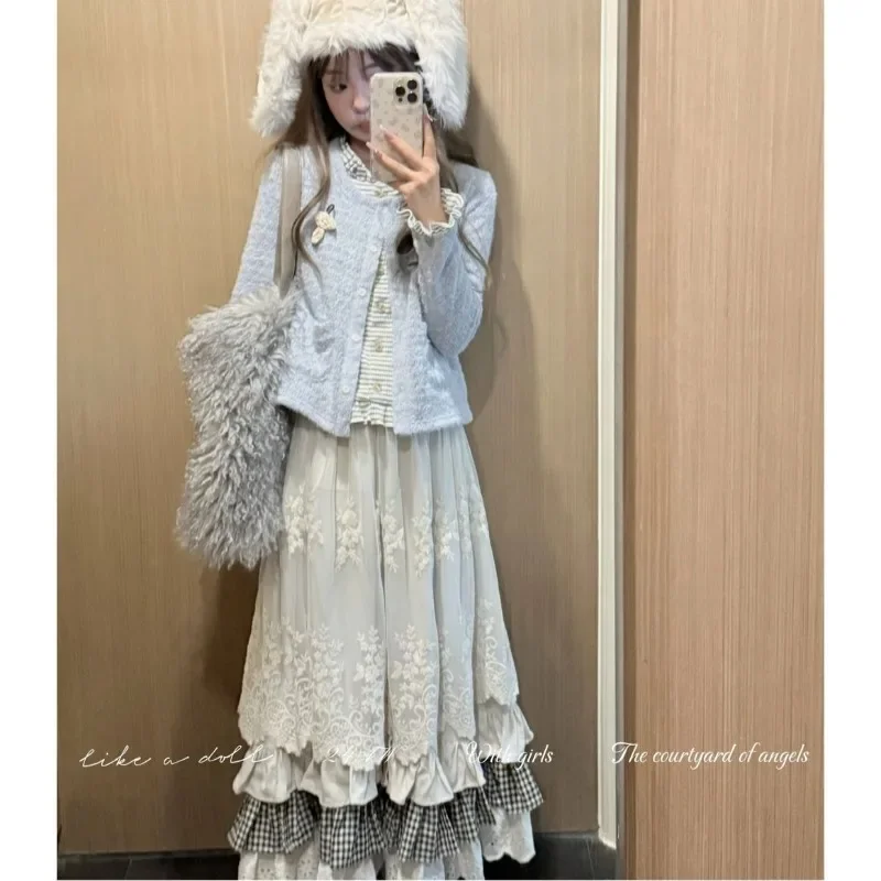 Women Sweet Vintage Mori Girl Style High Waist Splicing Plaid Long Skirt Winter New Korean Fashion Beige Lace Kawaii Maxi Skirts