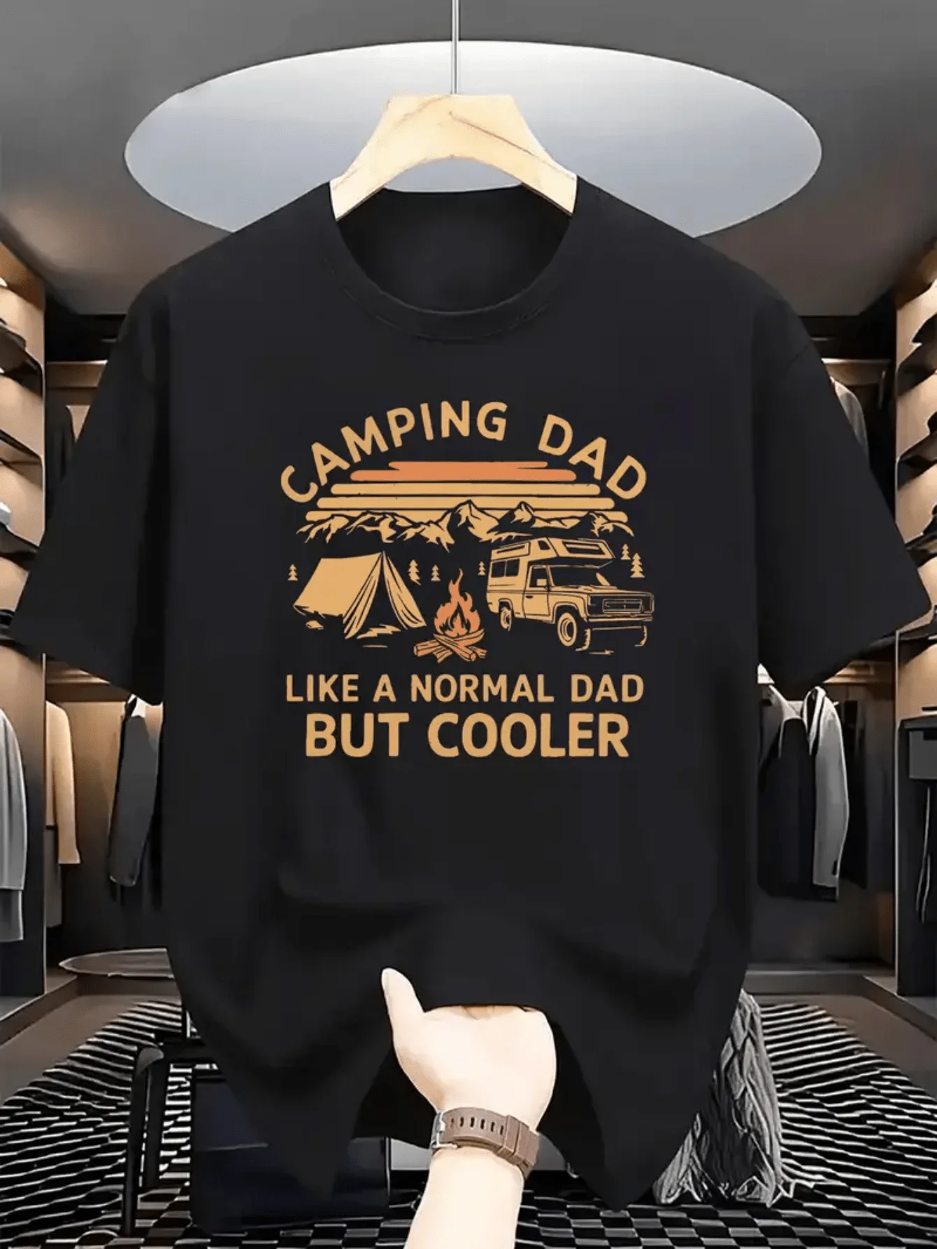 Camping Retro Tee T Shirt Men Vintage Sunset RV Tent Campfire Mountain Print Short Sleeve Cotton Casual Tops