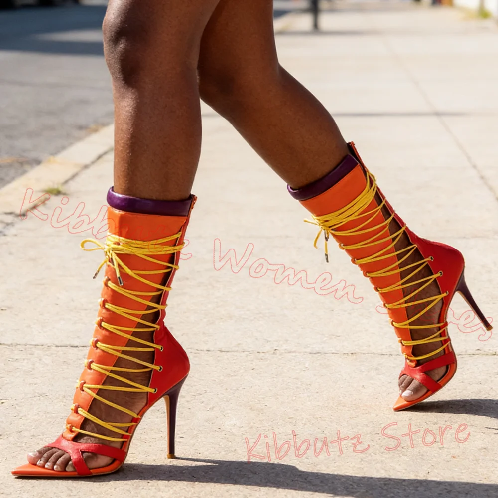 Cross Strap Sandals Women Patchwork Shoes Pointy Thin Heels Zippers Lace-Up Leather Mixed Color Novelty Sexy Fashion Luxury New