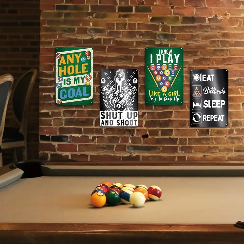 2D Flat, 4pcs Vintage Billiard Metal Iron Signs For Outdoor Wall Art Decor, Suitable For Home, Bar, For Man Cave, And Garage