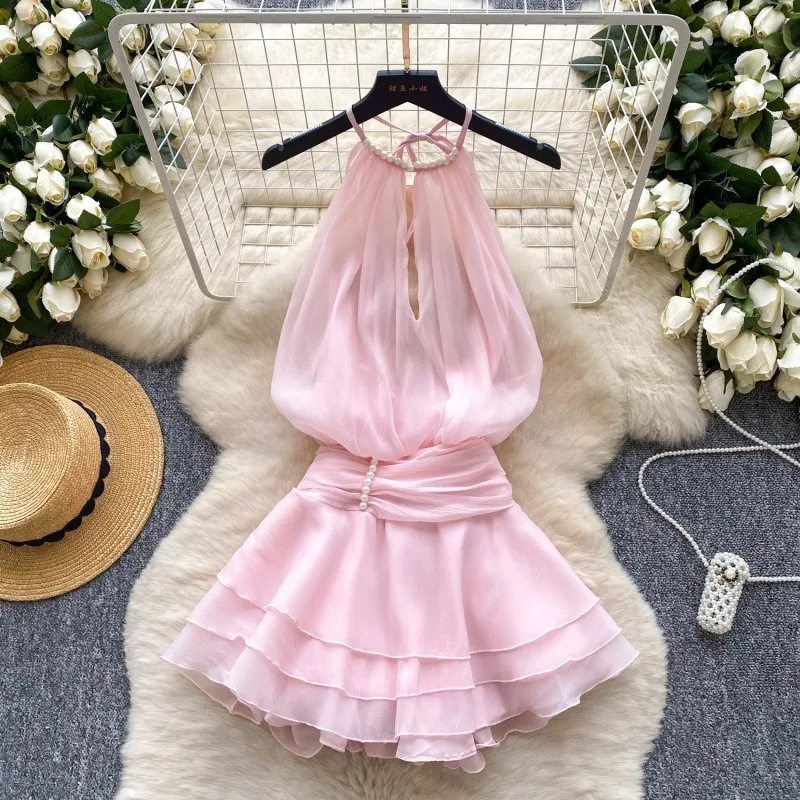 Summer Mini Dress Female Pearl Halter Sleeveless Backless Sexy Vacation Summer Ruffles Dress French Spaghetti Strap Sundress