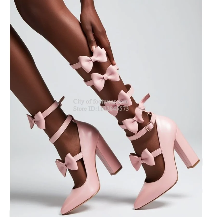 

Pink Leather Bow Knot Pointed Toe Pumps Women's Cute Ankle Strap High Heels Chunky Big Size Luxury Designer 2025 New Party Shoes