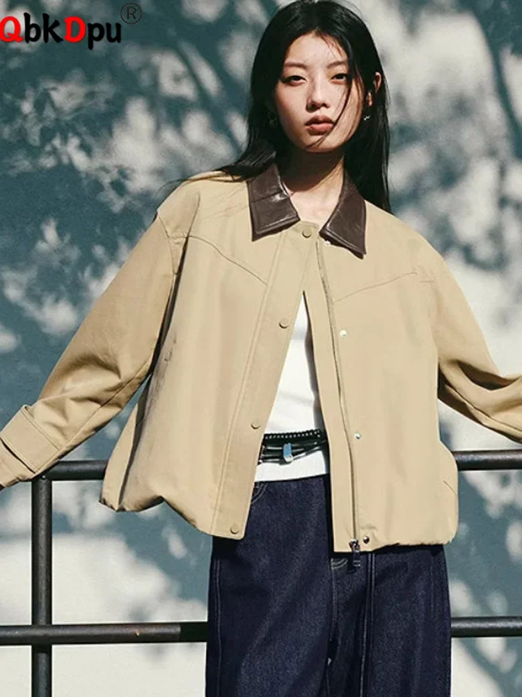 

Korean Fashion Spliced Outerwears Women Casual Lapel Neck Zipper Loose Jackets Tops Spring Fall Long Sleeve Chaquetas Blusas New