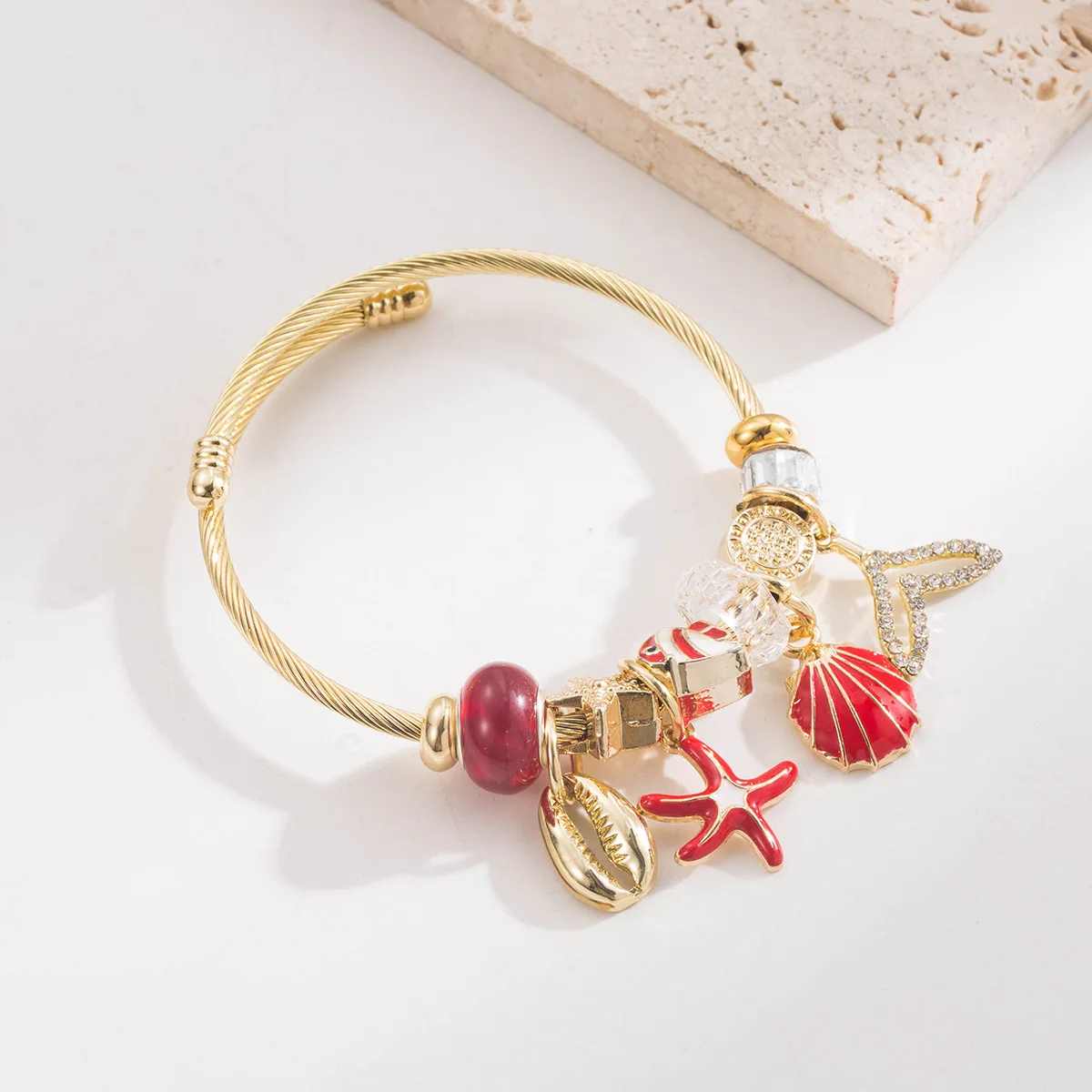 New minimalist colorful adjustable alloy beaded bracelet with shell, fish tail starfish pendants, women's fashion jewelry