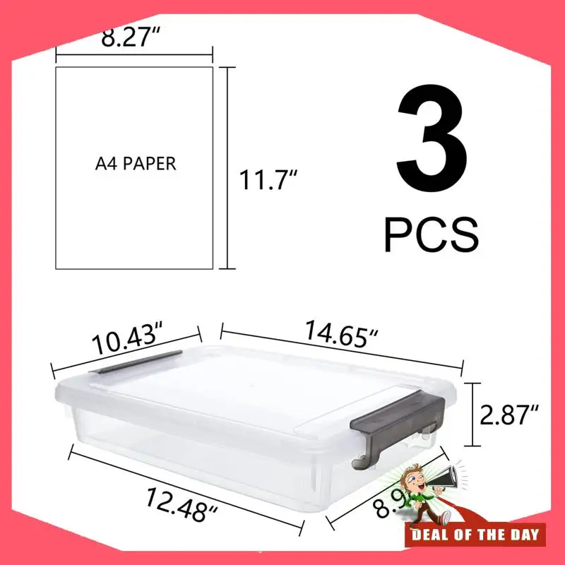 Entrega em 24 horas, 3 peças, caixas de armazenamento de plástico com tampas de travamento, caixa de projeto portátil, caixa de arquivo transparente, armazenamento empilhável
