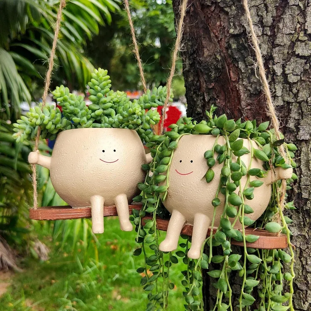 Resin Cartoon Swing Wall Hanging Flowerpot - Creative Head Planter for Home Garden Patio Decor, Multifunctional Outdoor Planters