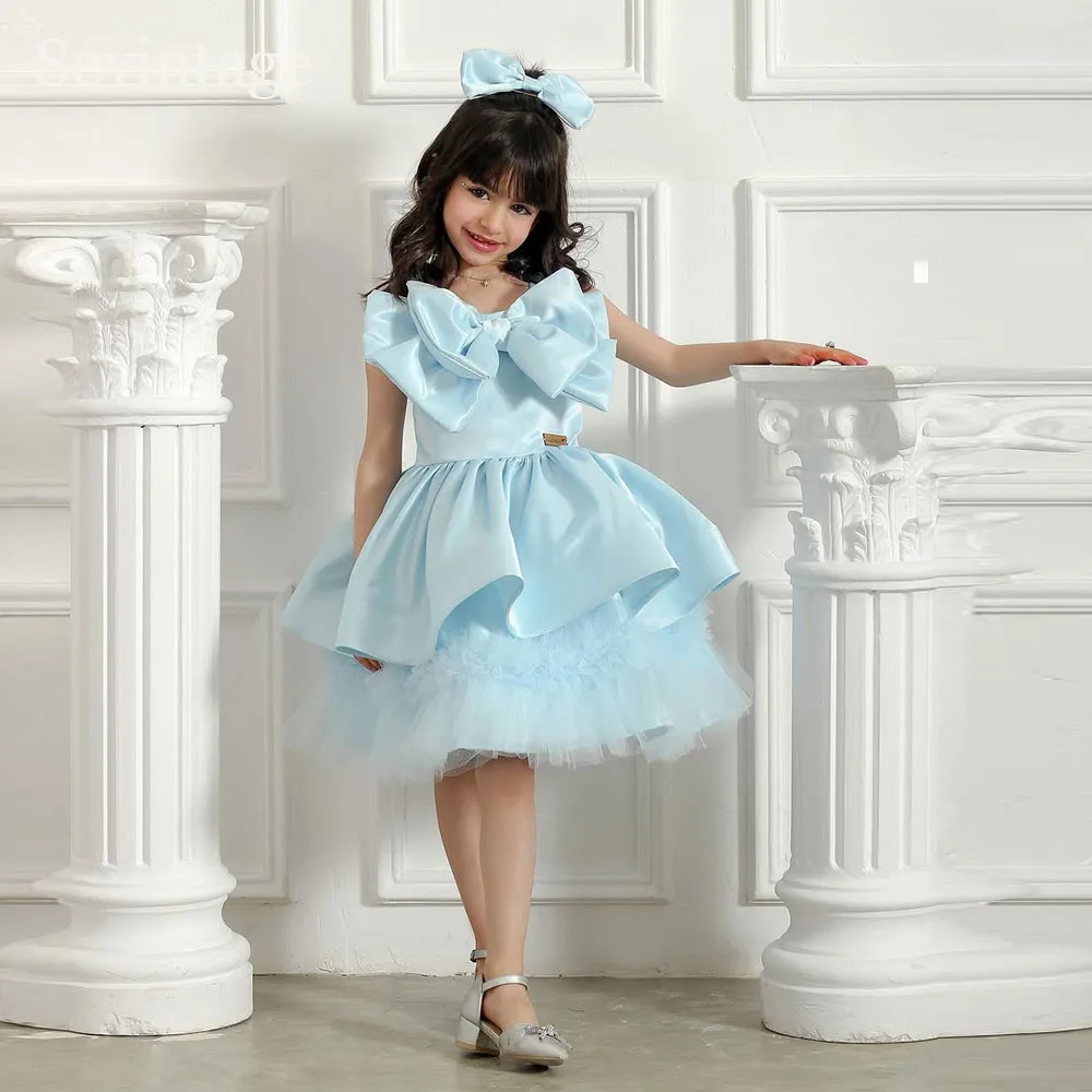 

Princess Blue Flower Girl Dresses Bow A-Line Sleeveless Birthday Party Dresses for Kids Cute Wedding Dress Customize