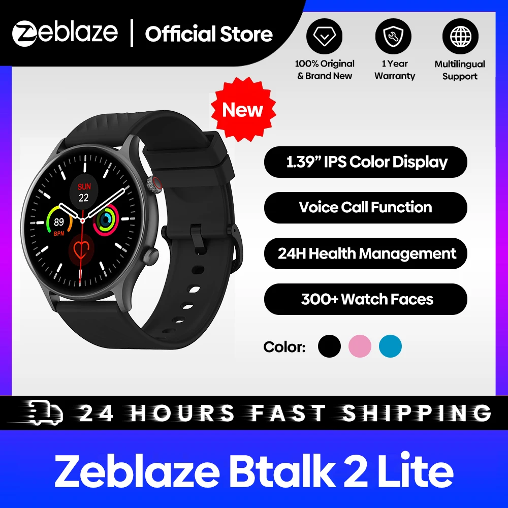 

New Zeblaze Btalk 2 Lite Smart Watch Large 1.39'' HD Display Bluetooth Phone Calls 24H Health 100+ Workout Modes for Women