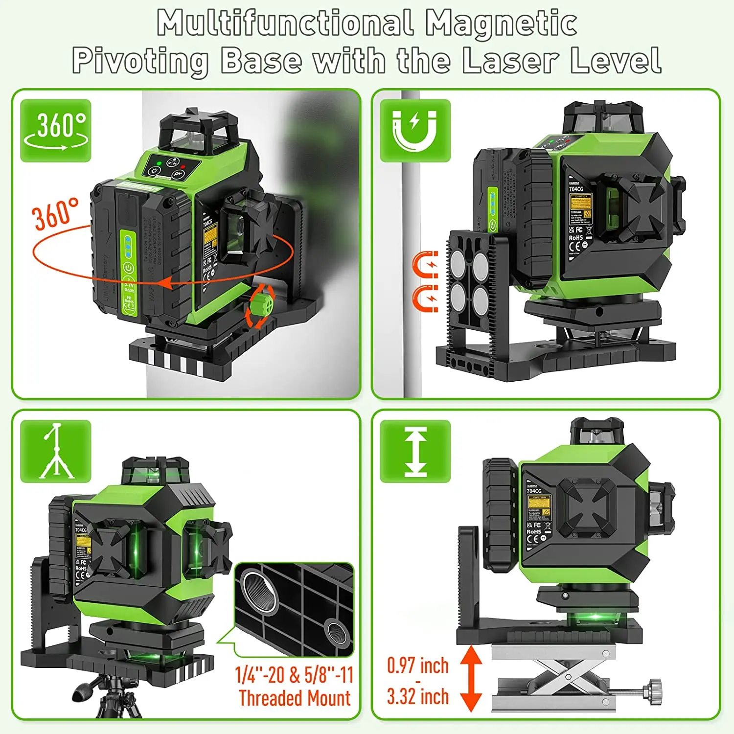 Huepar Osram Laser Level Self-leveling 4D Green Beam 360°Cross Line 16 Lines Tiling Floor Laser Tool Large Li-ion Battery 704CG