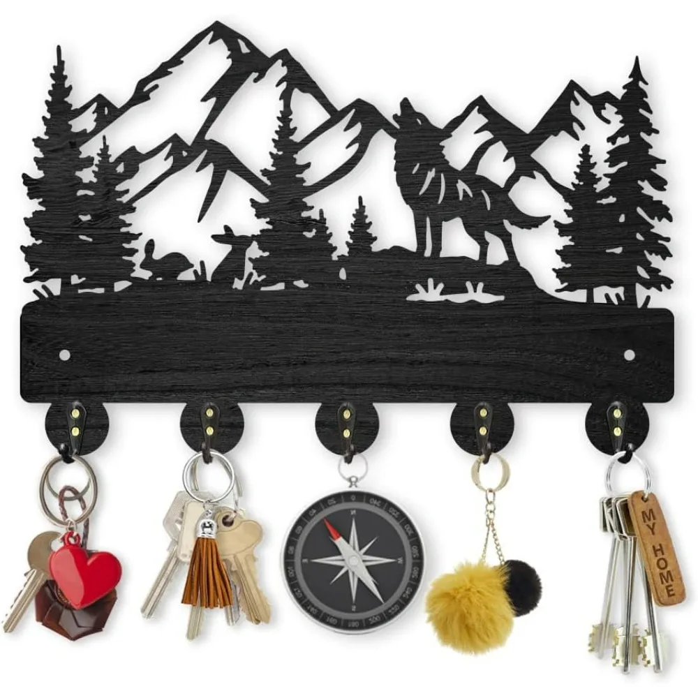 Wolf Rabbit Forest Coat Hooks Wood Animal Moutain Key Holder Wall Mount 11.8×7.9inch Key Hanger Wall Art Decor 5 Alloy Hooks