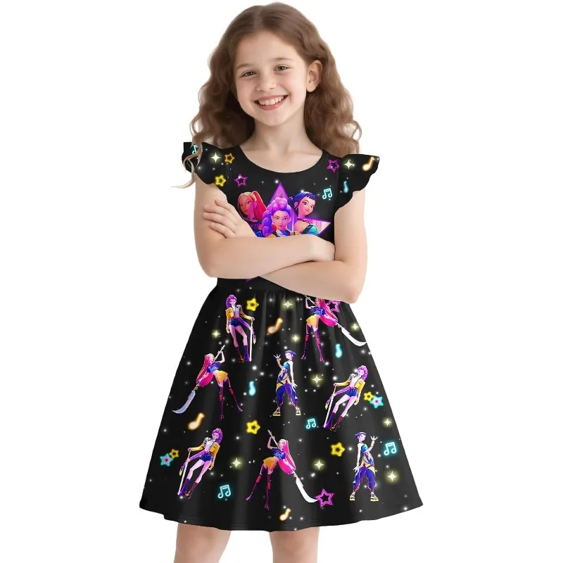 

Kids KPOP Demon Hunter Cosplay Dress Zoey Mira Rumi Cartoon Print Flying Sleeves Pajama Princess Dresses Girls Home Wear Outfits
