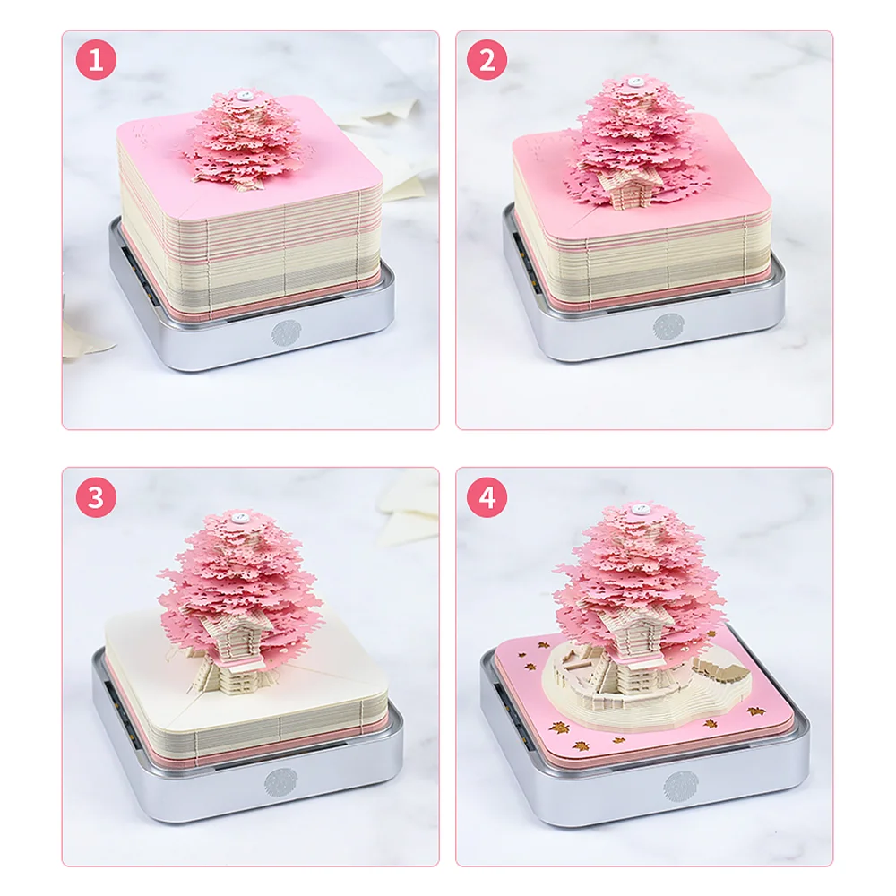 Omoshiroi Block 3D Notepad 3D Calendar 2024 Sakura Treehouse Table Calendar With Lights Paper Art 3D Notes Block Christmas Gift