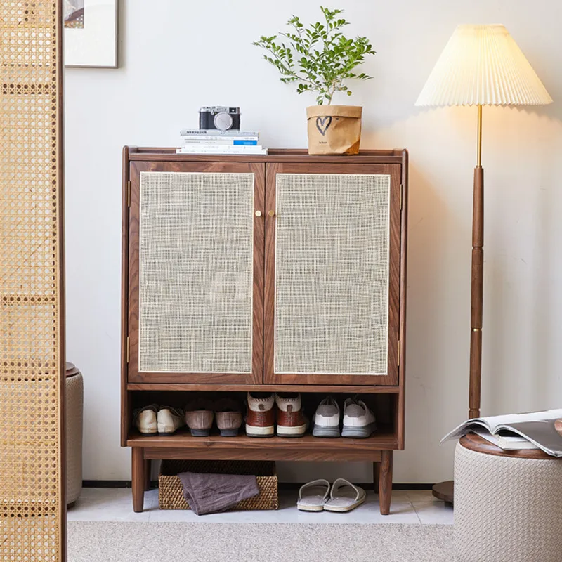 For New Chinese Style North American Black Walnut Rattan Shoe Cabinet Entrance Storage Sideboard Song Aesthetic Wabi Sabi