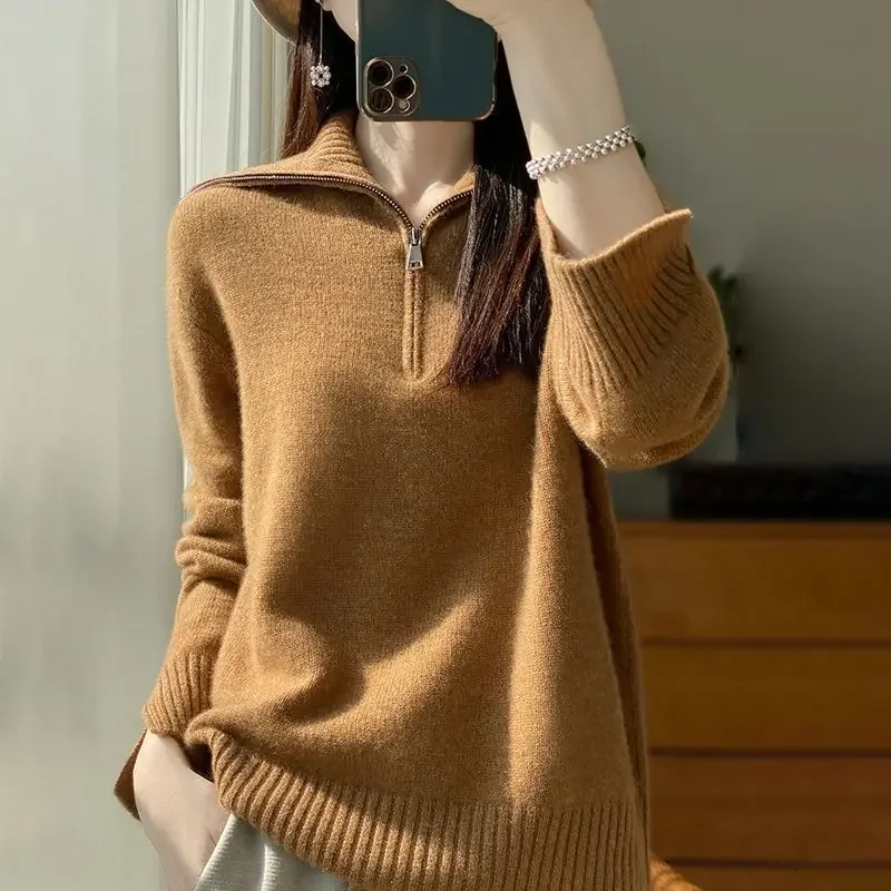 

Осень-зима 2024, новые повседневные корейские однотонные пуловеры на молнии с отложным воротником и длинными рукавами, женские простые вязаные топы