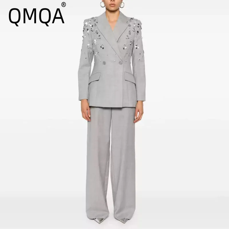 

QMQA Модный женский элегантный формальный серый комплект из 2 предметов с зубцами и блестками, блейзер с длинными рукавами, брюки с высокой талией, комплекты 2025 QM778