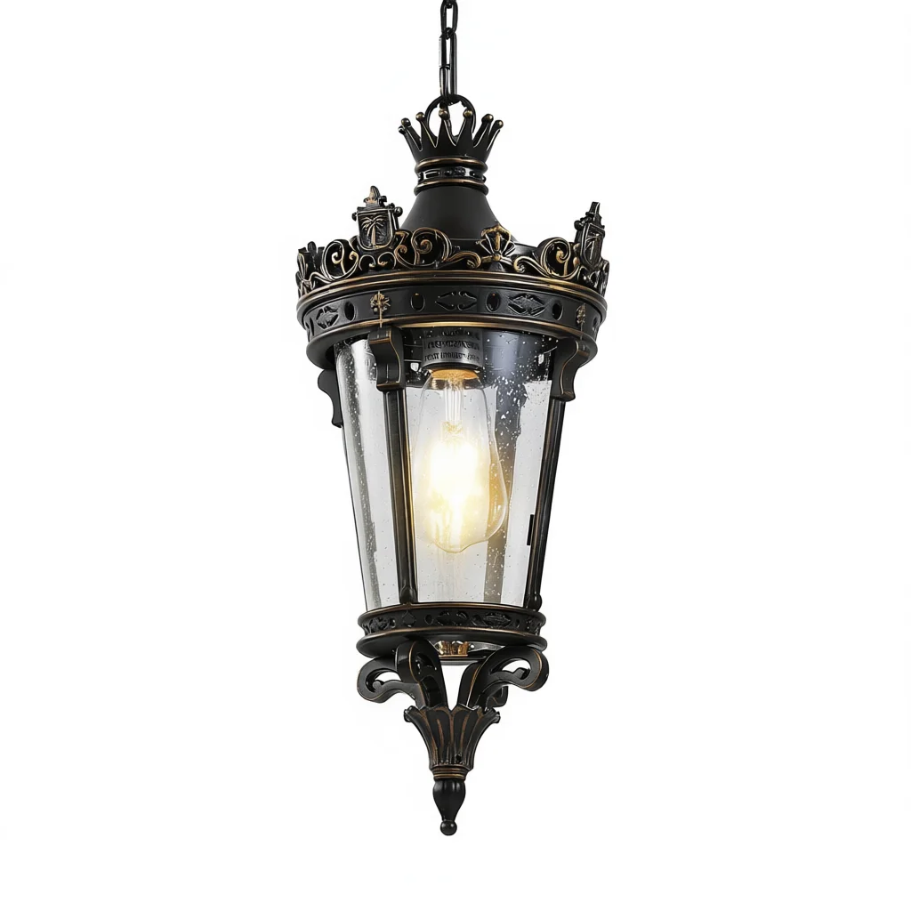 

Antique Crown Outdoor Hanging Lantern 18 In H Waterproof Vintage Pendant Light Clear Glass Metal Garden Lighting