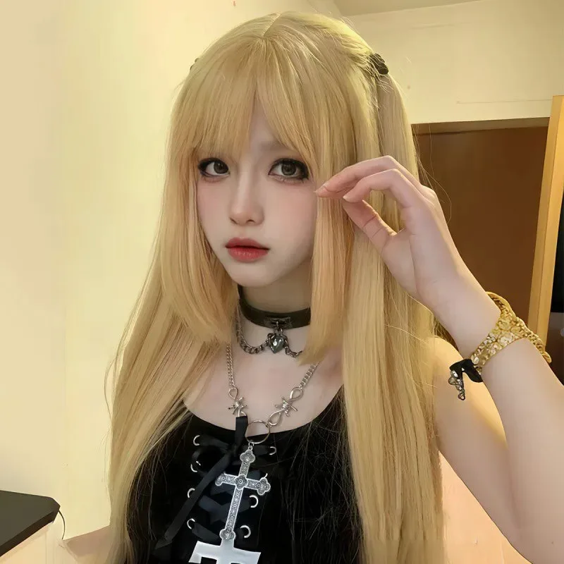2025 12 cosplay Cu6 Peluca de anime Color oro blanco Largo Death Note Misa Amane Cos Personalidad Ji Pelo Princesa Corte Flequillo Completo H