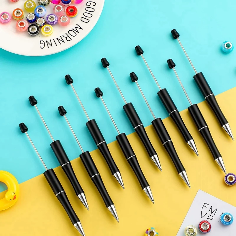 50Pcs Plastic Beadable Pen Shaft Black Ink Beaded Pens With 50 Refills For DIY Making Gift Black