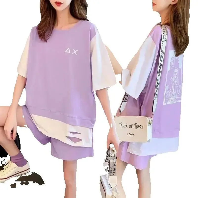 Feminino casual plus size 2 terno esportivo de duas peças verão nova camiseta solta colheita topos e shorts conjunto estudante ativo wear roupas