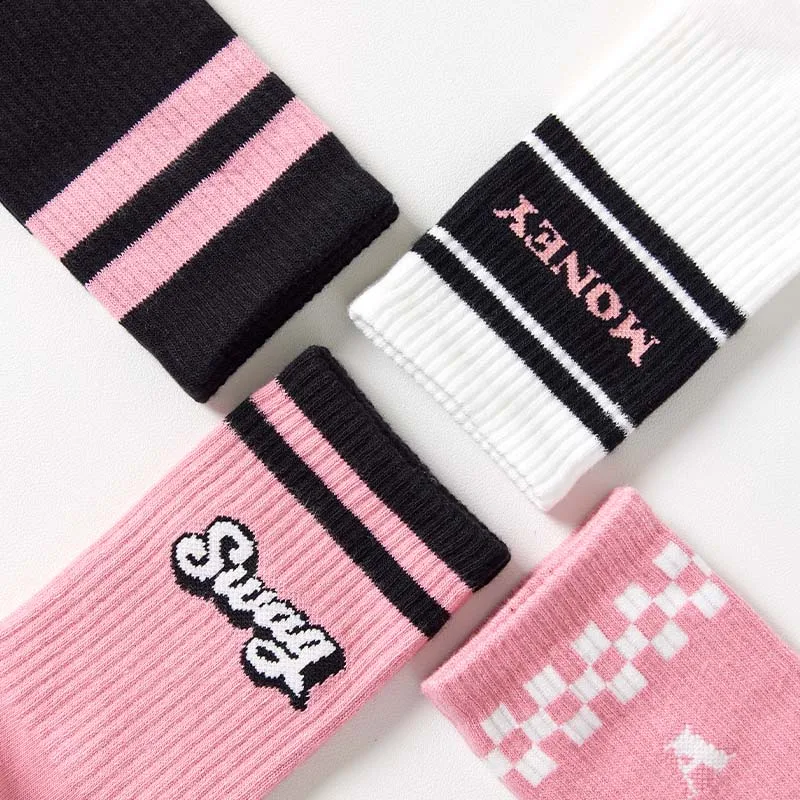 MiiOW 5 paia Fashion Designer Pink Socks Set Harajuku Striped Plaid Letter calze alla moda Swag Mid Tube Cotton Sock for Girls