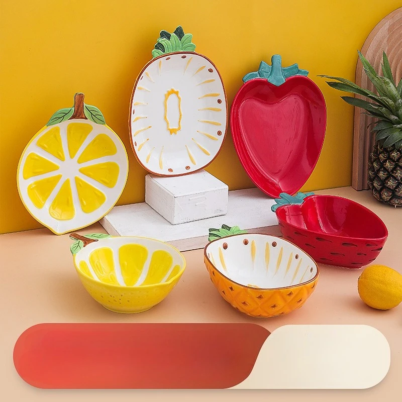 

Fruit Shaped Ceramic Plate Set, Hand-Painted Strawberry Lemon Pineapple Design, Cute Aesthetic Salad Bowl & Dining Dish