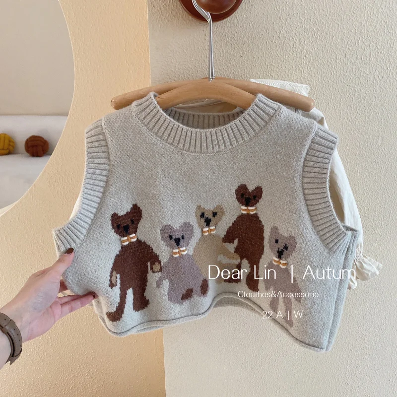 Kids Boutique Clothes for Girls Knitted Sweater Vest Lace Shirt Pleated Skirt 3-piece Set Baby Girls Cartoon Cute Skirt Sets